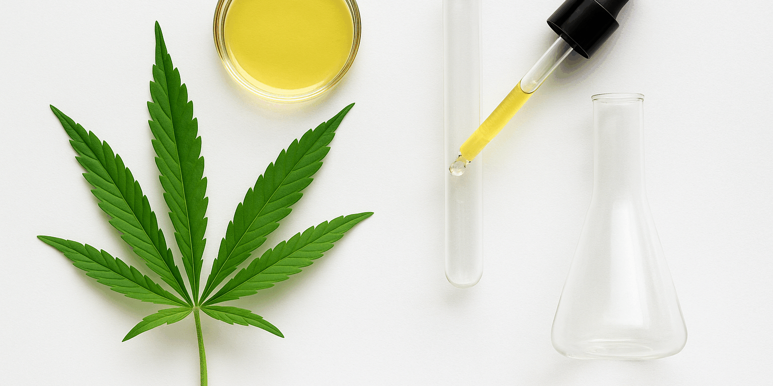 ChatGPT Image Aug 22, 2025, 09_35_42 PM Cannabis leaf with lab glassware for cannabis analysis.