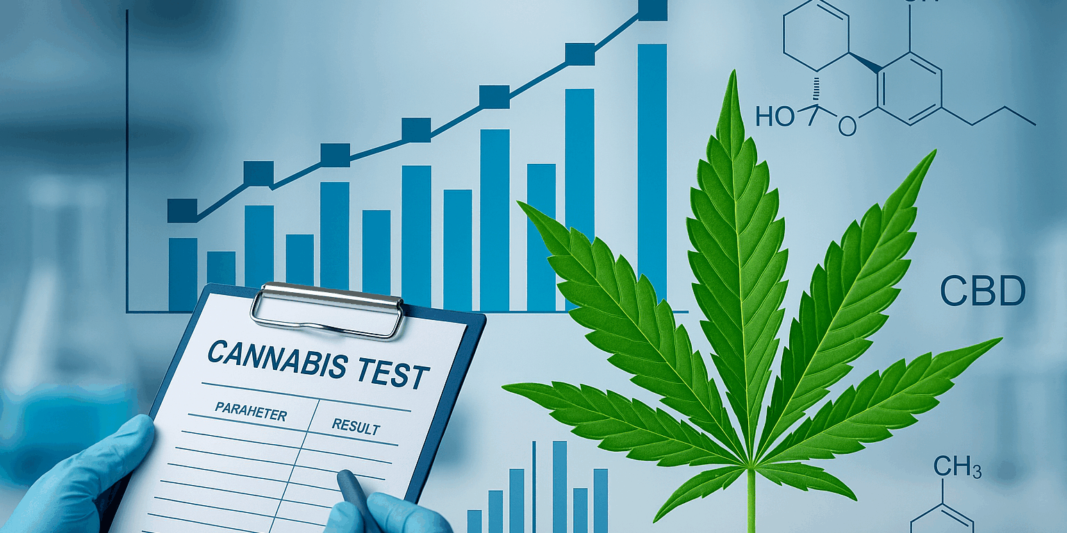 Cannabis testing with graph and leaf.