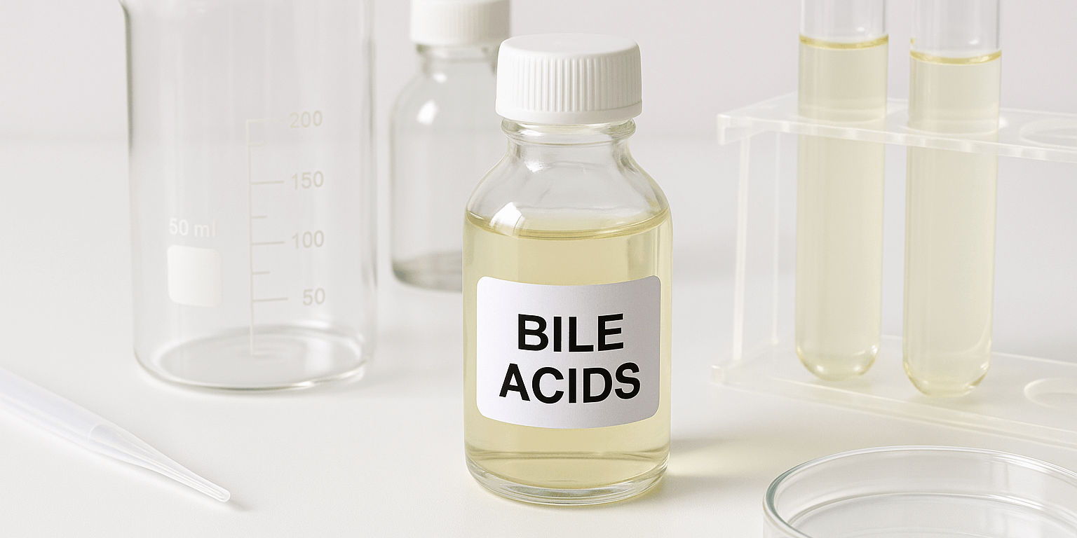 Bile acids research in modern life sciences laboratory Laboratory glass bottle with bile acids and test tubes for scientific research