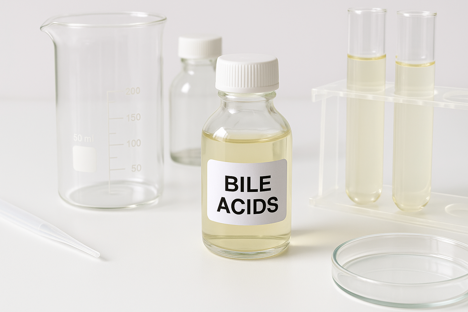 Bile acids research in modern life sciences laboratory Laboratory glass bottle with bile acids and test tubes for scientific research