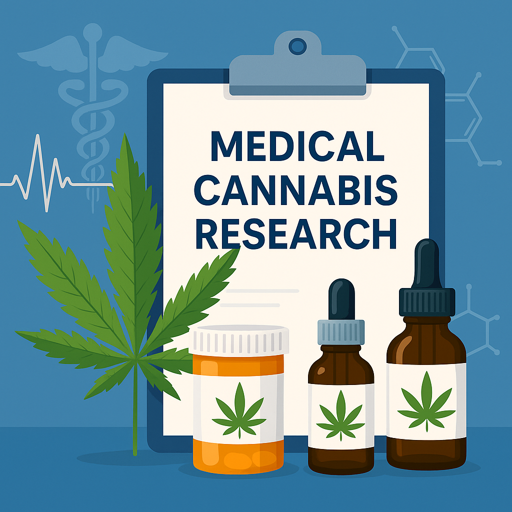 Medical Cannabis Research Concept Visualization Illustration of medical cannabis research with cannabis leaf, lab containers, molecular structures, and healthcare symbols