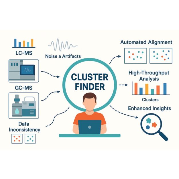 Featured image showing Cluster Finder for metabolomics analysis with LC-MS, GC-MS, and key benefits.