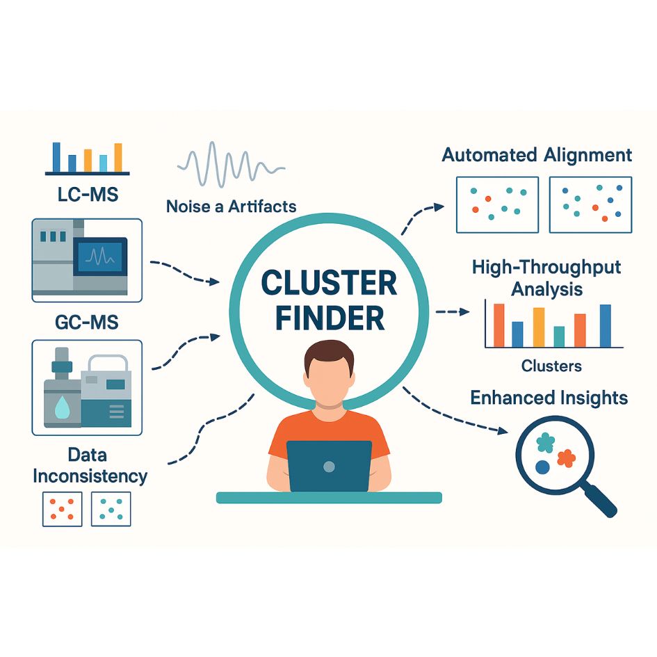 Untitled design (3) Featured image showing Cluster Finder for metabolomics analysis with LC-MS, GC-MS, and key benefits.