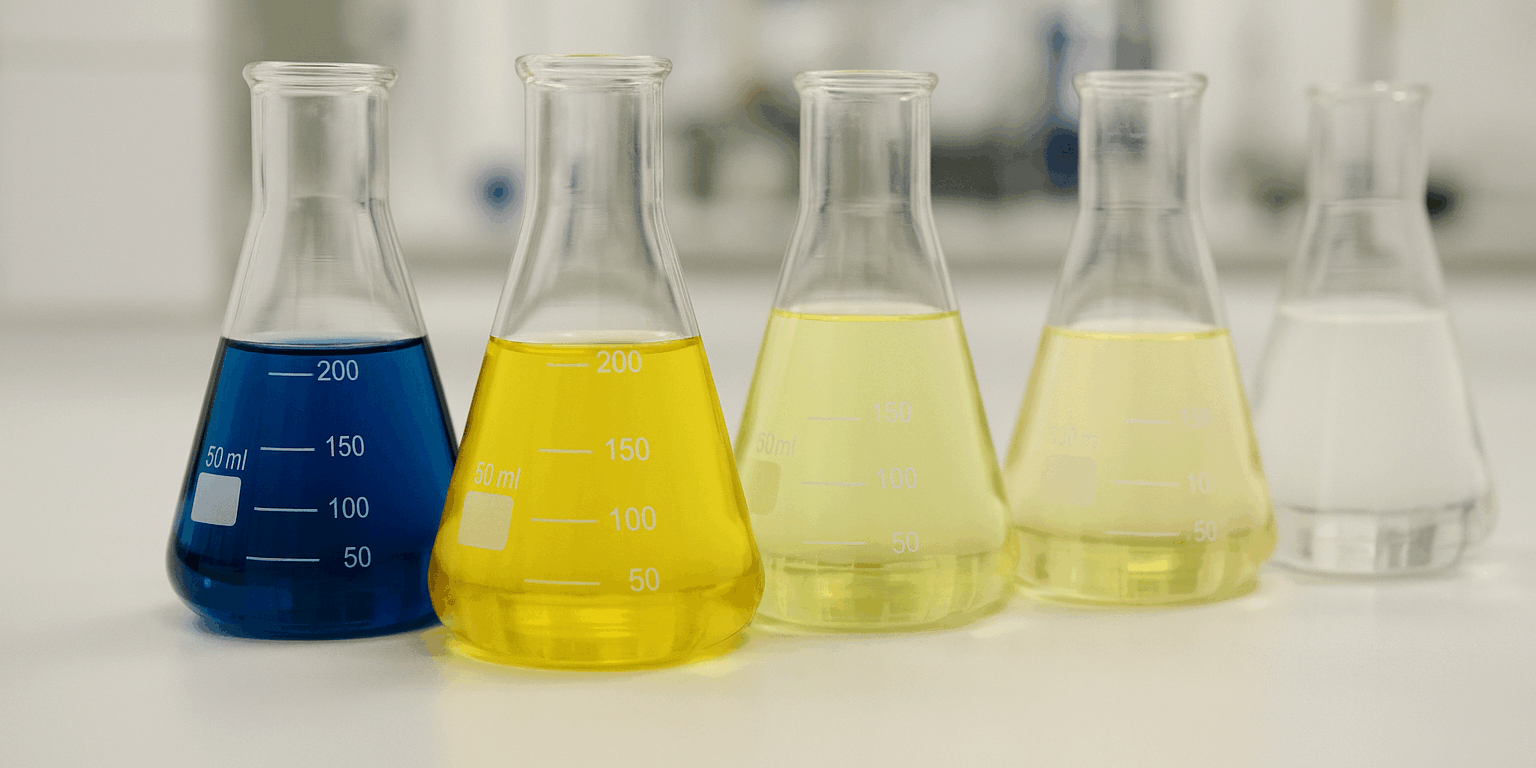 Organic Acid Standards in a Research Laboratory Laboratory flasks with colorful organic acid solutions used in metabolomics research
