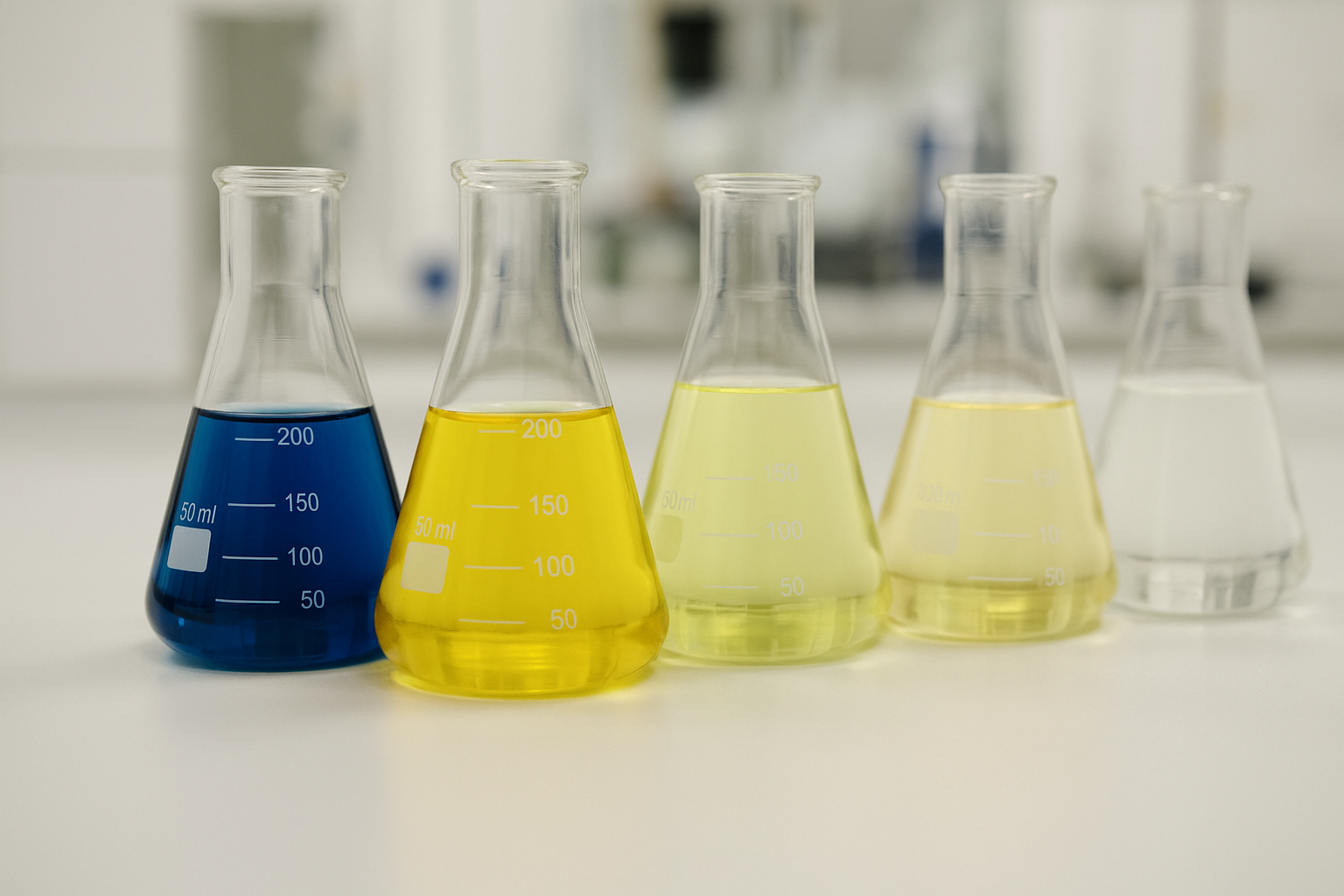 Organic Acid Standards in a Research Laboratory Laboratory flasks with colorful organic acid solutions used in metabolomics research