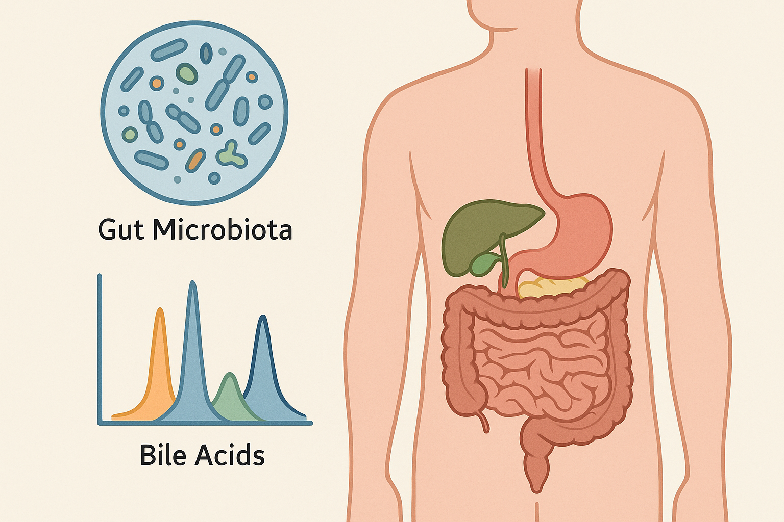 Medical-style illustration of the human digestive system with highlighted stomach, intestines, gallbladder, gut microbiota in a petri dish, and a bile acids graph.