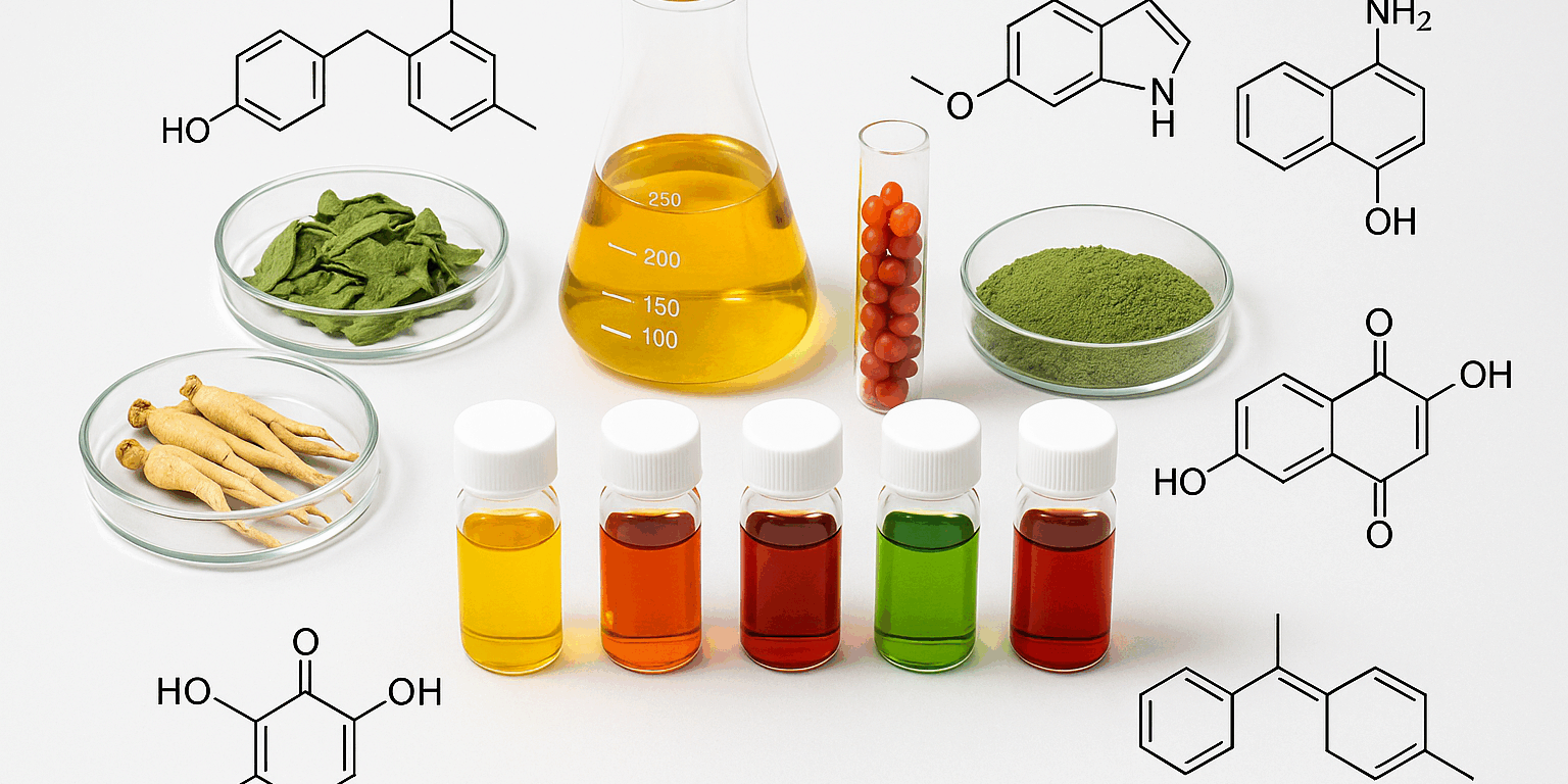 Laboratory glassware with plant extracts and colorful vials representing phytochemical standards. Phytochemical Standards in Laboratory Research