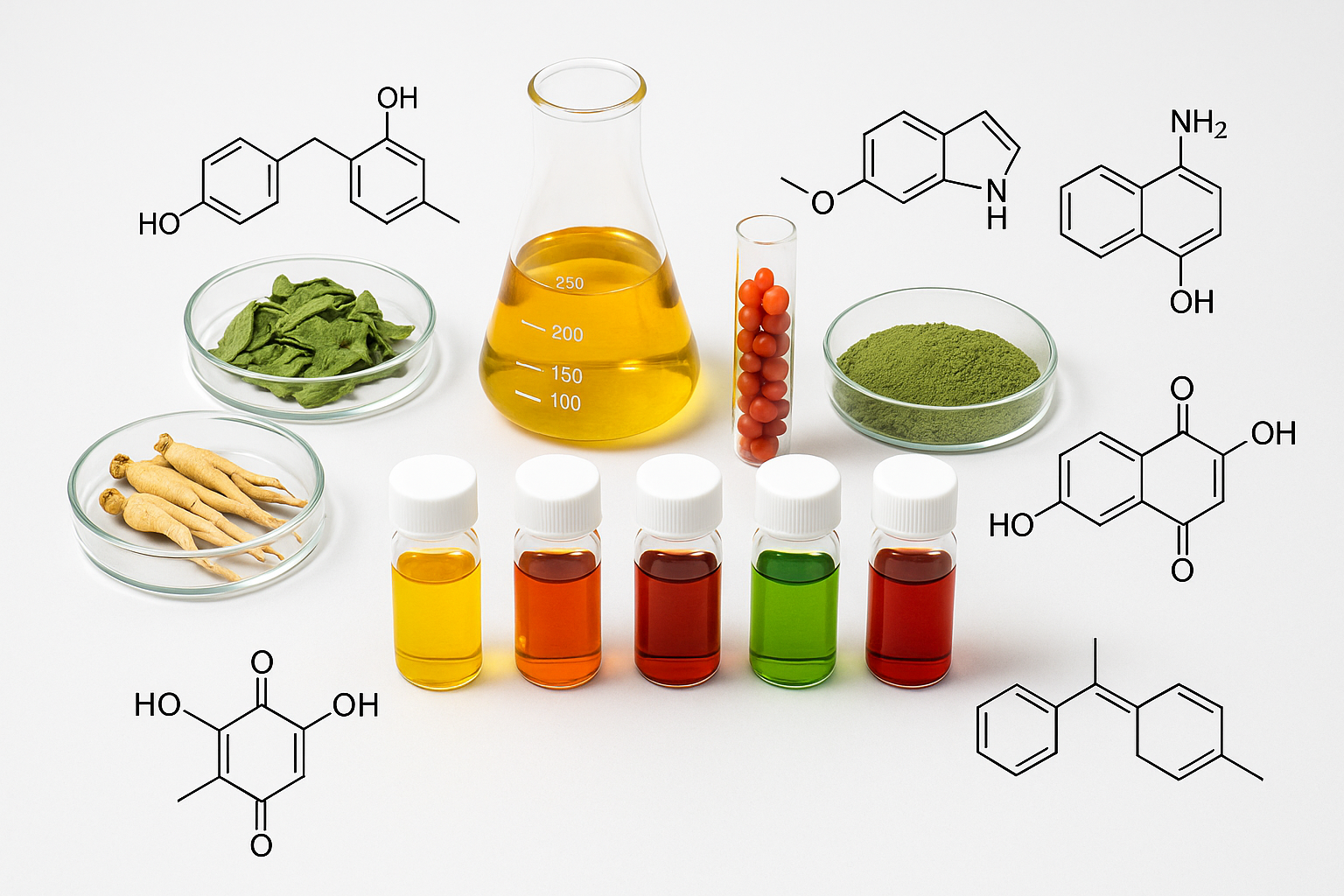 Laboratory glassware with plant extracts and colorful vials representing phytochemical standards. Phytochemical Standards in Laboratory Research