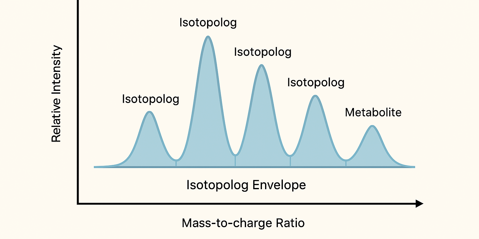 Isotopolog Envelope Peaks in Mass Spectrometry Graph of isotopolog envelope showing mass spectrometry peaks for metabolomics analysis.
