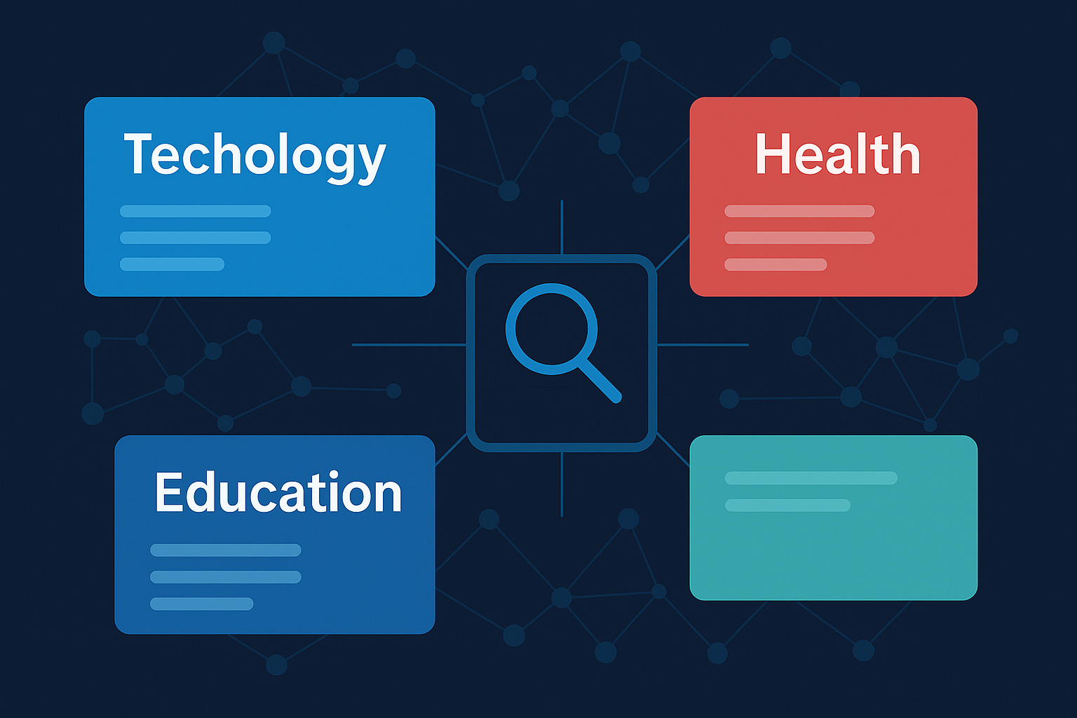 Clustering Search Engine Data Visualization Abstract digital illustration of clustered search results with categories connected by a magnifying glass symbol.