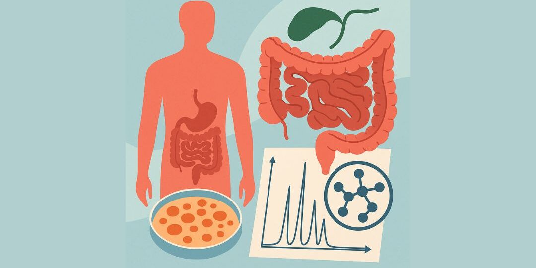 Illustration showing human digestive system, intestines, gallbladder, microbial culture dish, and biochemical graph. Illustration-showing-human-digestive-system-intestines-gallbladder-microbial-culture-dish-and-biochemical-graph