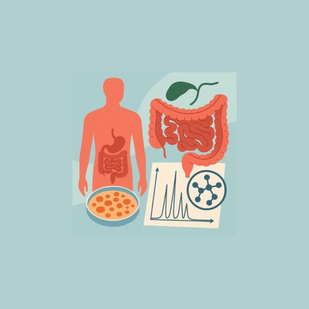 Illustration-showing-human-digestive-system-intestines-gallbladder-microbial-culture-dish-and-biochemical-graph