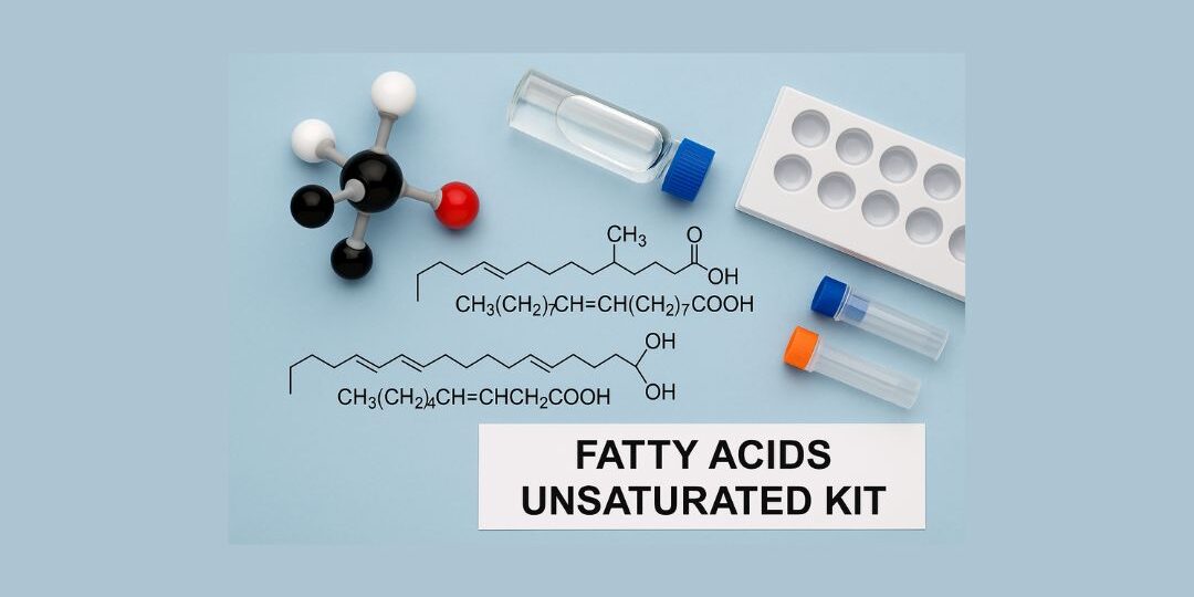 Laboratory kit with vials, molecular model, and chemical structures representing fatty acids unsaturated kit for metabolomics research