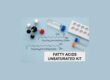 Laboratory kit with vials, molecular model, and chemical structures representing fatty acids unsaturated kit for metabolomics research