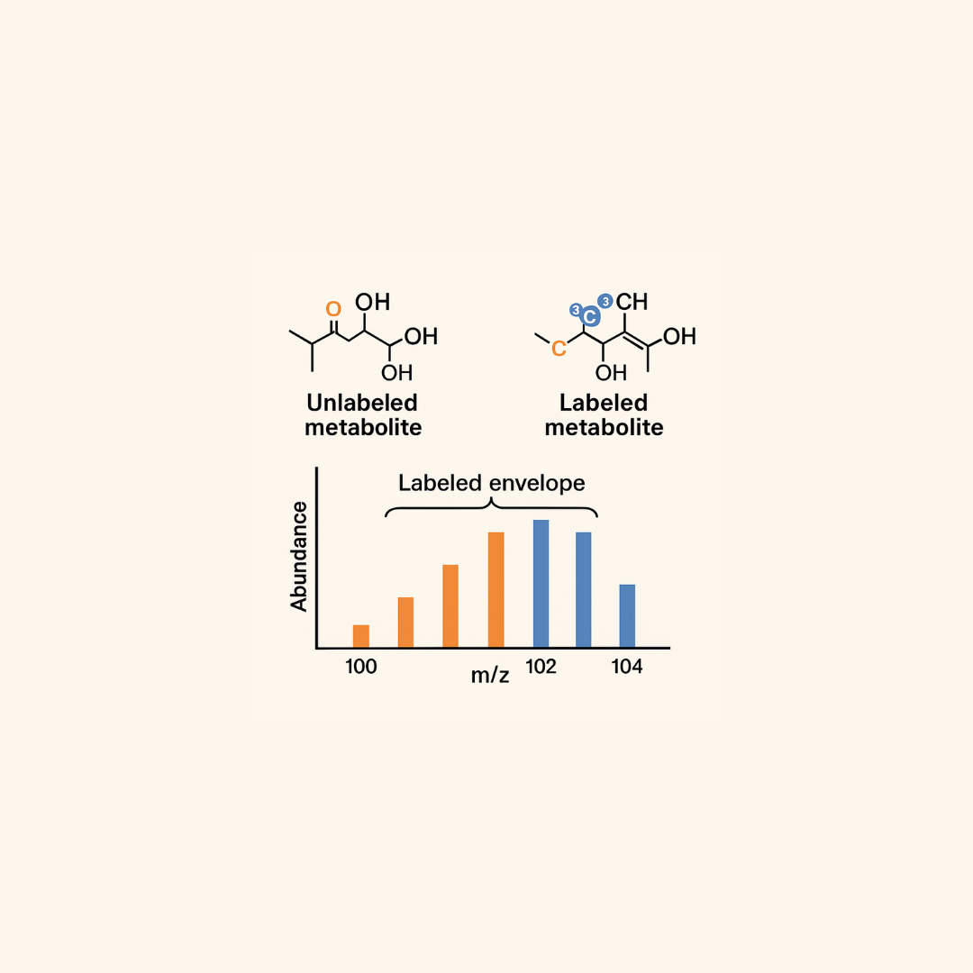 Labeled envelope visualization in mass spectrometry Comparison of unlabeled and isotopically labeled metabolites with a labeled envelope mass spectrum chart