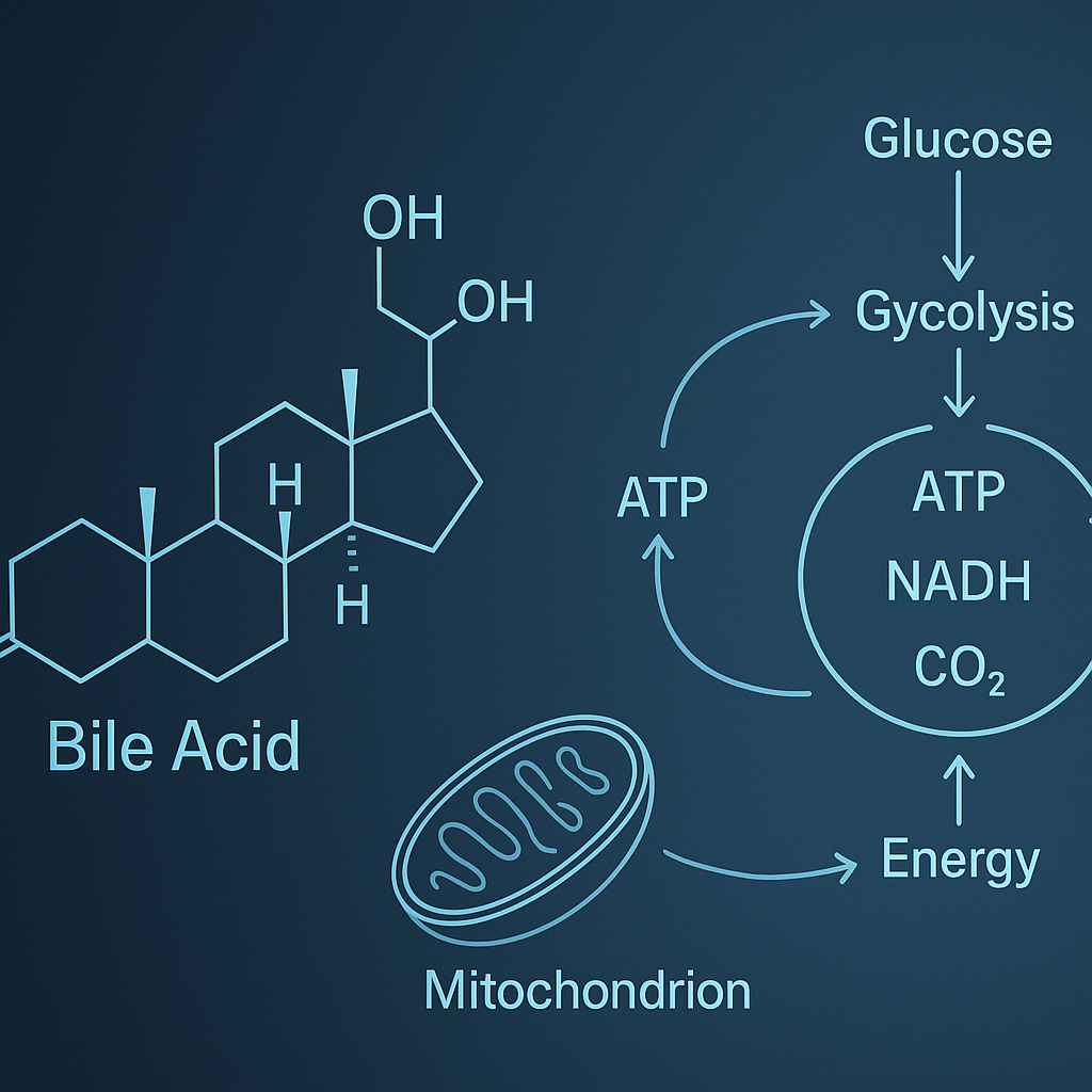 Scientific illustration showing bile acid molecules interacting with metabolic pathways, representing bile acid research and metabolism analysis by IROA Technologies.