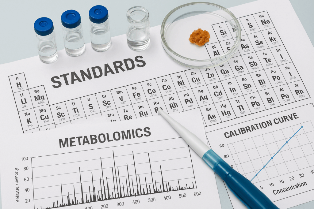 Laboratory setup showing vials, a pipette, chromatogram graphs, and calibration curve charts representing precision and reproducibility in metabolomics internal standards research at IROA Technologies.