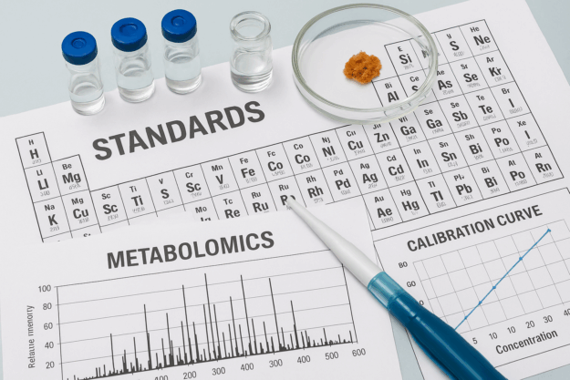 Laboratory setup showing vials, a pipette, chromatogram graphs, and calibration curve charts representing precision and reproducibility in metabolomics internal standards research at IROA Technologies.
