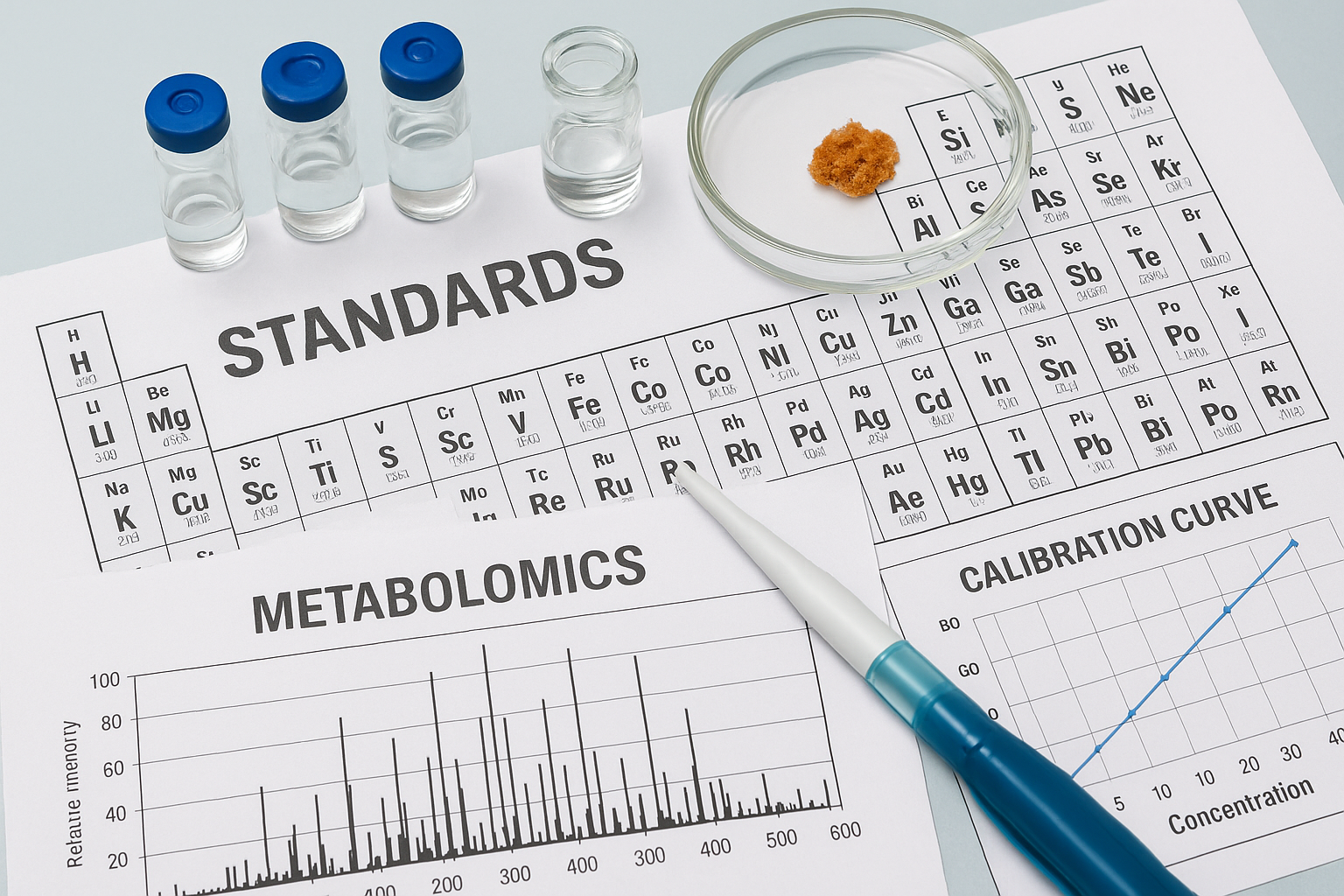 Metabolomics Internal Standards for Accurate Analysis Laboratory setup showing vials, a pipette, chromatogram graphs, and calibration curve charts representing precision and reproducibility in metabolomics internal standards research at IROA Technologies.