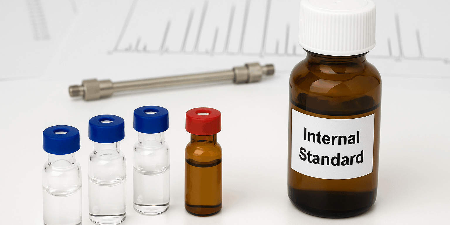 Internal Standard Sets for Reliable Metabolomic Analysis Laboratory glass vials and an amber bottle labeled “Internal Standard” representing internal standard sets used for accurate metabolomic analysis in a research lab.