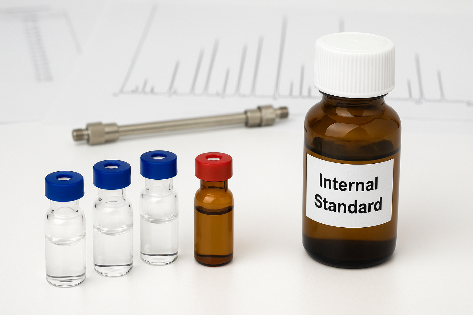 Internal Standard Sets for Reliable Metabolomic Analysis Laboratory glass vials and an amber bottle labeled “Internal Standard” representing internal standard sets used for accurate metabolomic analysis in a research lab.
