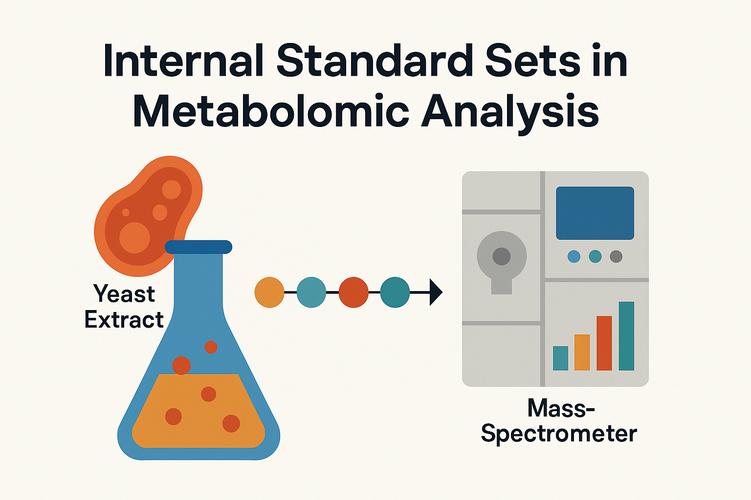 Scientific illustration showing metabolomic analysis workflow with yeast extract and mass spectrometer representing Internal Standard Sets.