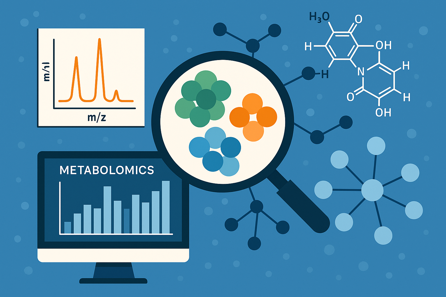 Digital illustration showing metabolomic data clustering with molecular patterns, mass spectrometry graphs, and magnifying glass representing precision analysis by IROA Technologies.