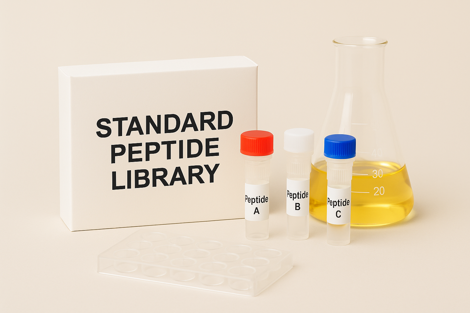 Laboratory setup showing peptide vials, a microplate, and a flask beside a labeled box for scientific research.