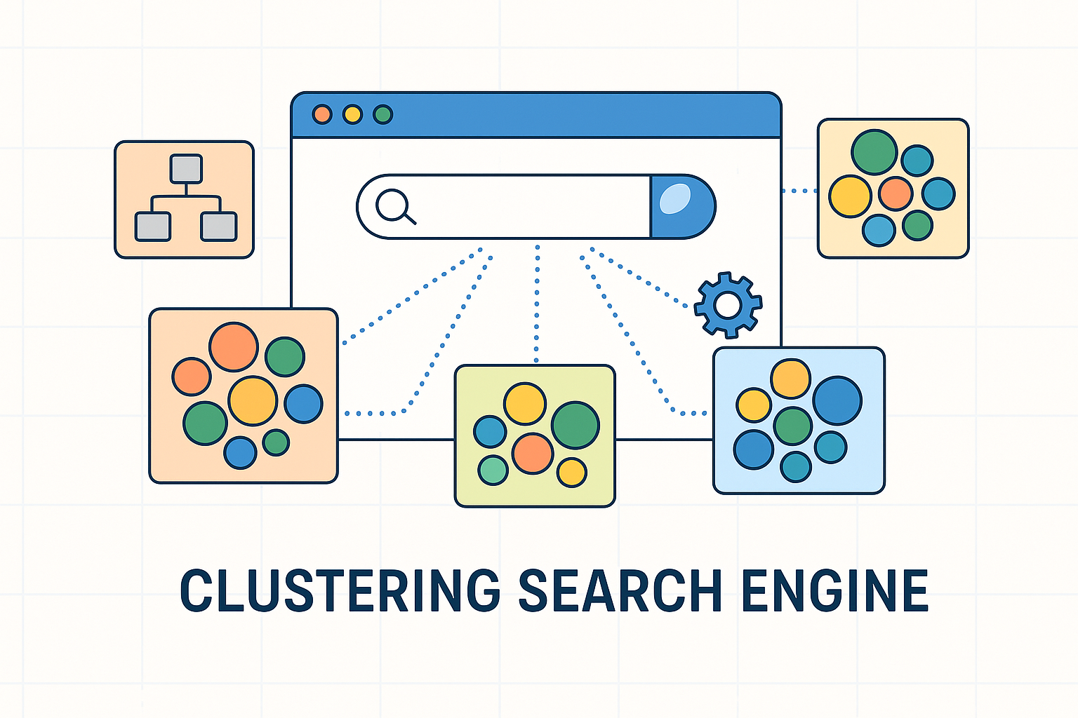 AI-powered clustering search engine concept showing connected data clusters and a digital research interface.