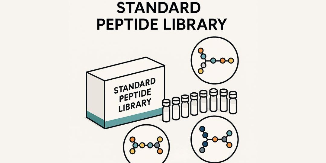 Standard Peptide Library Concept for IROA Technologies. Molecular structures and peptide vials on a lab background symbolizing a standard peptide library in biotechnology research.