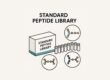 Molecular structures and peptide vials on a lab background symbolizing a standard peptide library in biotechnology research.
