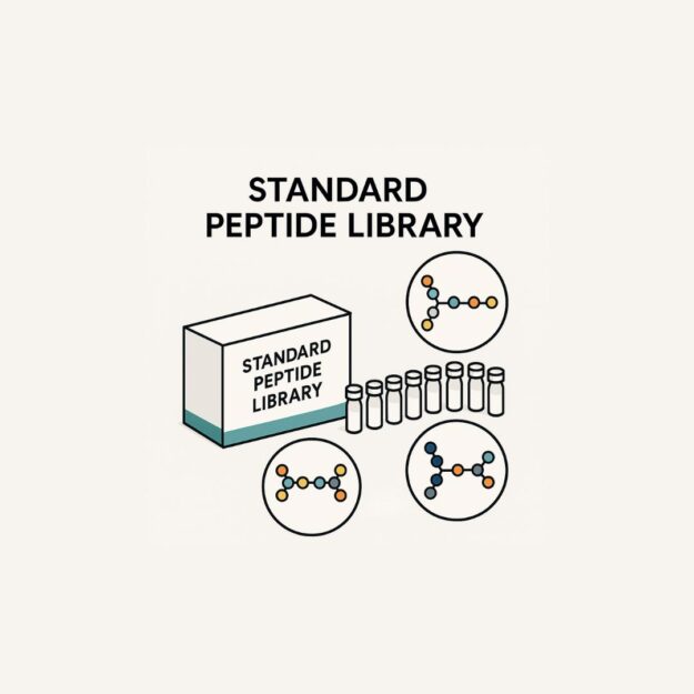 Standard Peptide Library Concept for IROA Technologies. Molecular structures and peptide vials on a lab background symbolizing a standard peptide library in biotechnology research.
