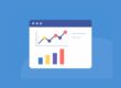 Graphical illustration of a web analytics interface featuring colorful line and bar charts on a blue background, symbolizing AI-based data clustering and visualization.