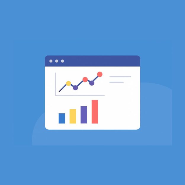 Graph Visualization for Clustering Search Engine Analysis – IROA Technologies Graphical illustration of a web analytics interface featuring colorful line and bar charts on a blue background, symbolizing AI-based data clustering and visualization.