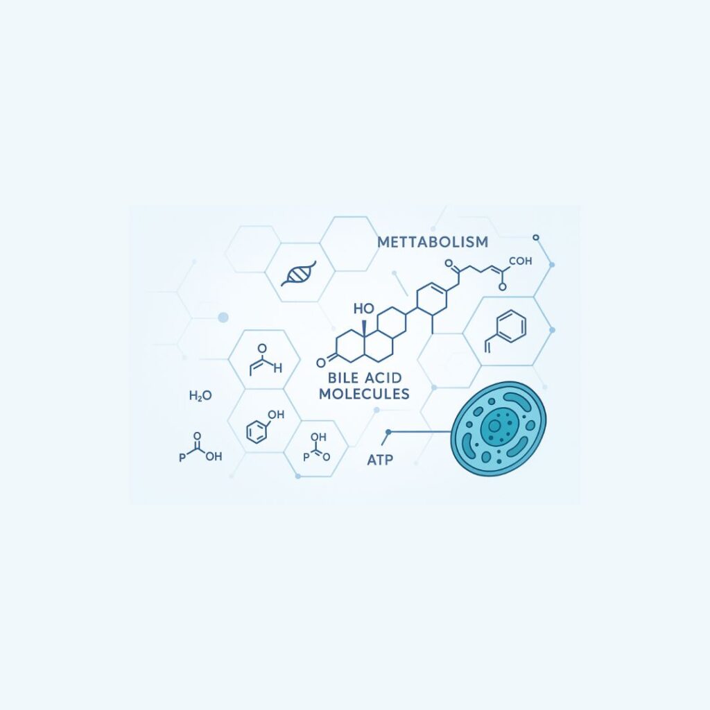 Scientific illustration showing bile acid molecules and metabolic pathways connected to cellular processes, representing bile acid research in metabolomics by IROA Technologies.