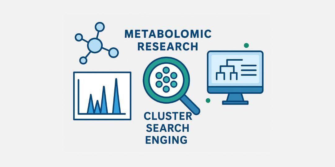 Metabolomic Data Clustering Illustration – IROA Technologies Digital illustration showing molecular structure, chromatogram, magnifying glass with clusters, and computer screen symbolizing metabolomic research and data clustering.