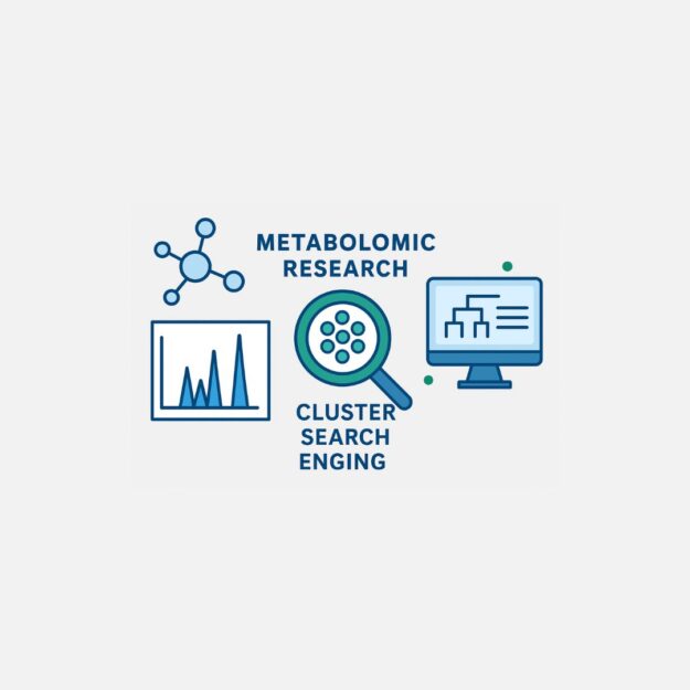Metabolomic Data Clustering Illustration – IROA Technologies Digital illustration showing molecular structure, chromatogram, magnifying glass with clusters, and computer screen symbolizing metabolomic research and data clustering.