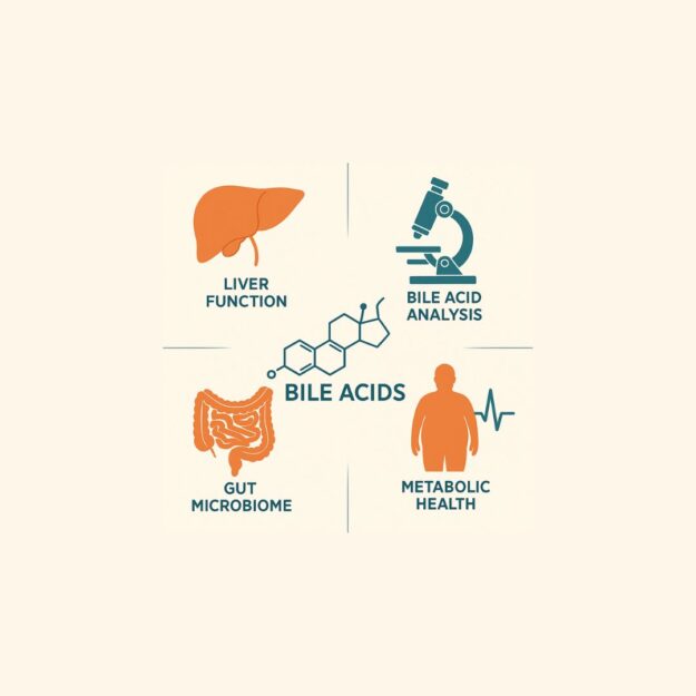 Scientific infographic showing bile acid analysis with molecular structure, liver function, gut microbiome, and liquid chromatography-mass spectrometry in a clean modern design.