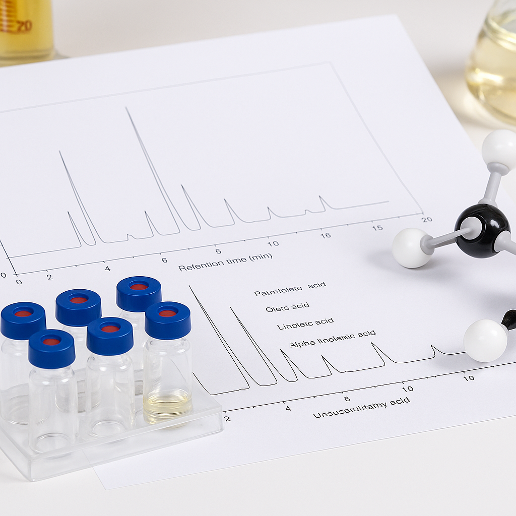 Laboratory setup for lipid profiling with fatty acid analysis chart and sample vials