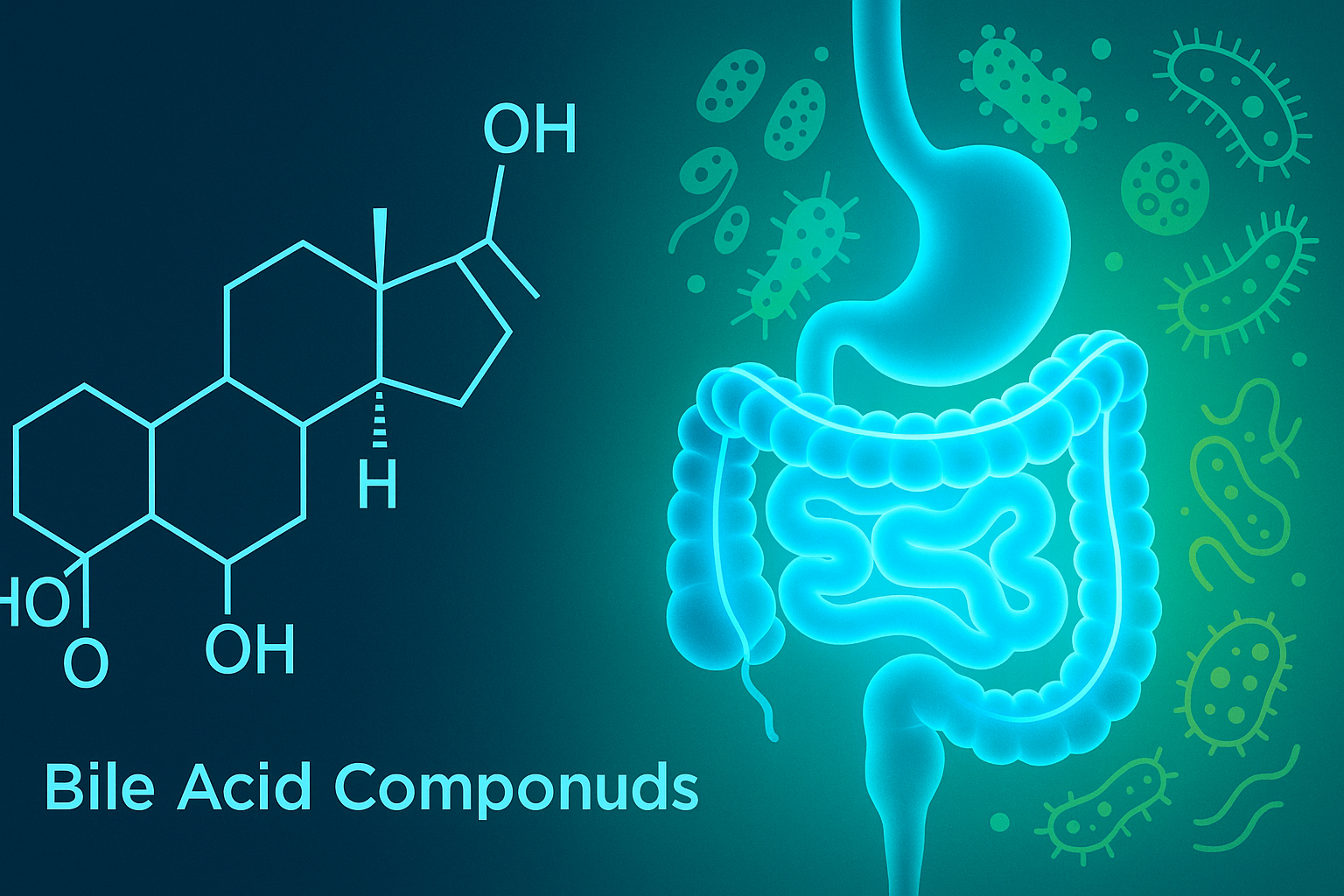Digital illustration showing bile acid molecular structure alongside a glowing digestive system and gut microbiome, representing their role in digestion and metabolic health.