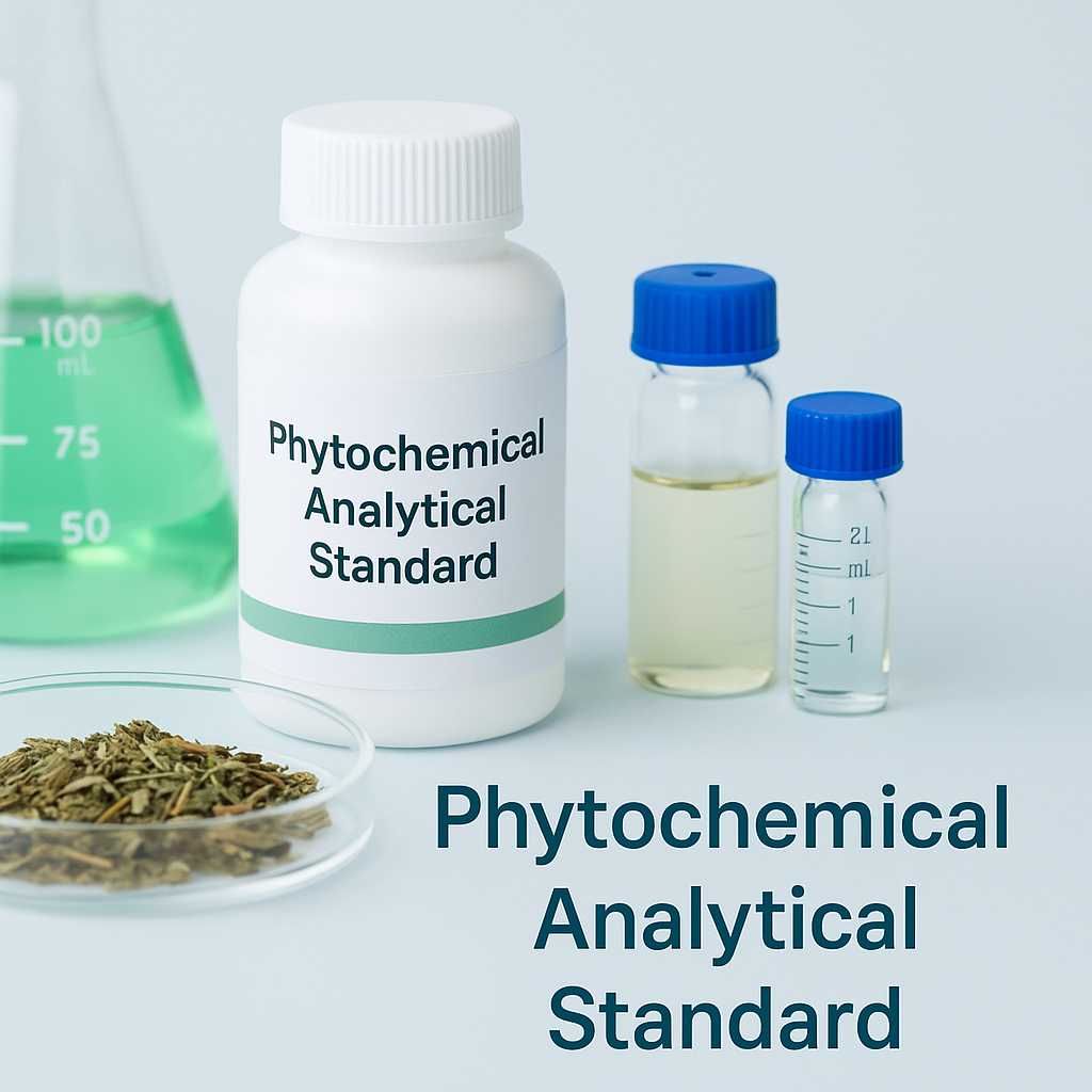 Laboratory setup displaying vials, a flask with green liquid, and dried plant material symbolizing phytochemical analysis and scientific precision.