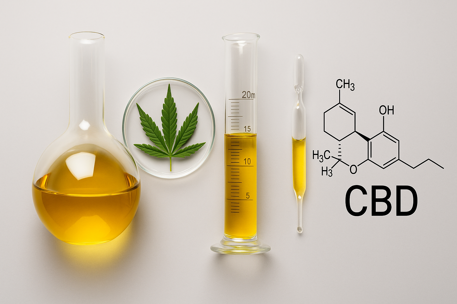 Laboratory setup with cannabis leaf, CBD molecular structure, and glassware showing cannabinoid research concept.