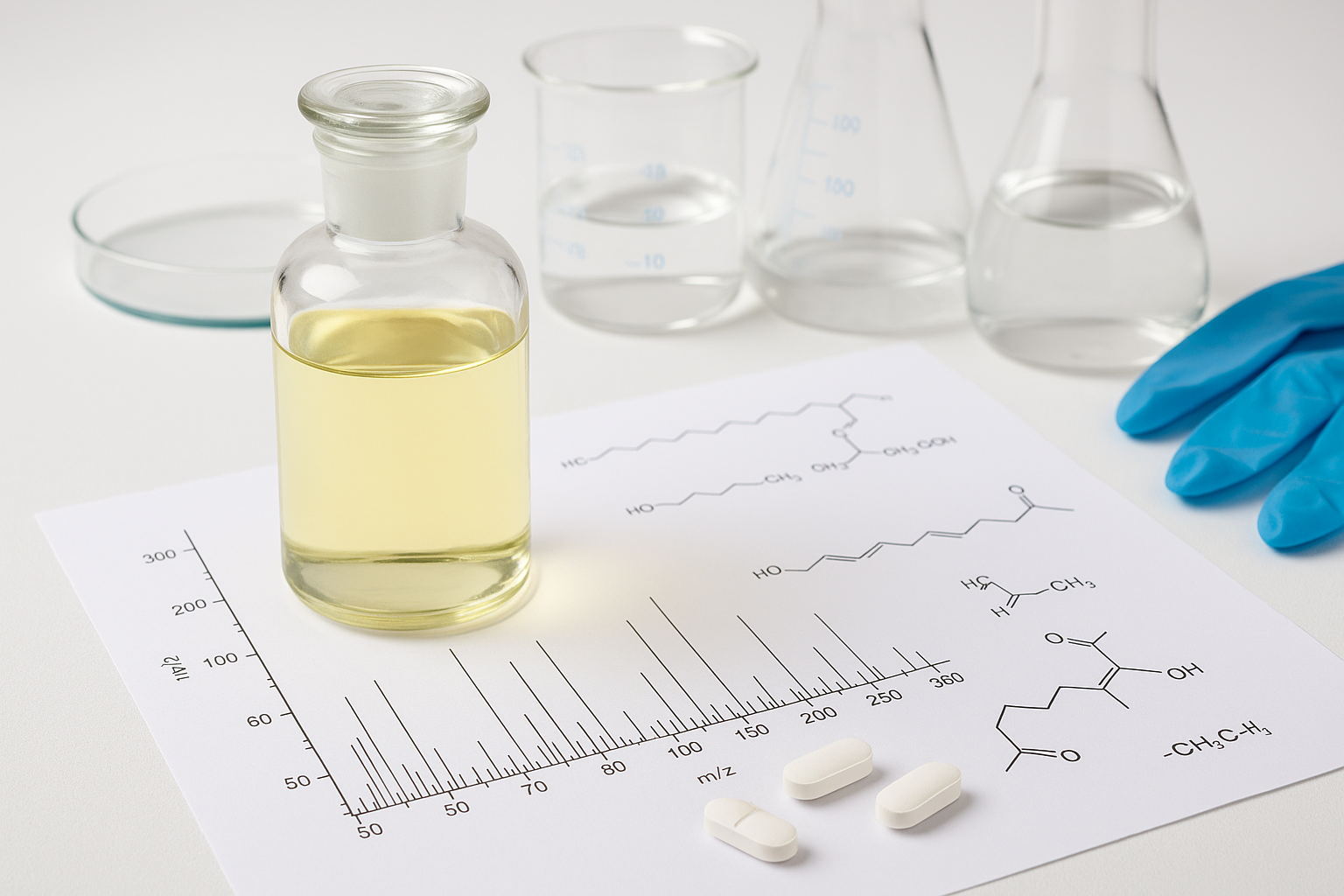 A laboratory setup showing a glass bottle with pale yellow liquid, chemical structures, chromatographic graphs, and laboratory glassware, symbolizing high purity fatty acid analysis in analytical chemistry.