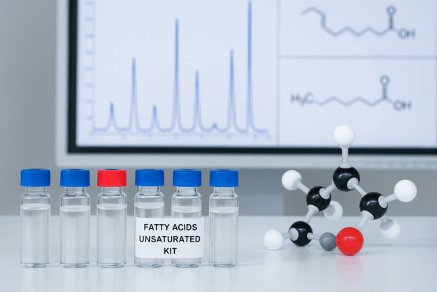 Nov 11, 2025, 03_33_57 PM Laboratory vials labeled “Fatty Acids Unsaturated Kit” beside a molecular model with chromatography graphs in the background.