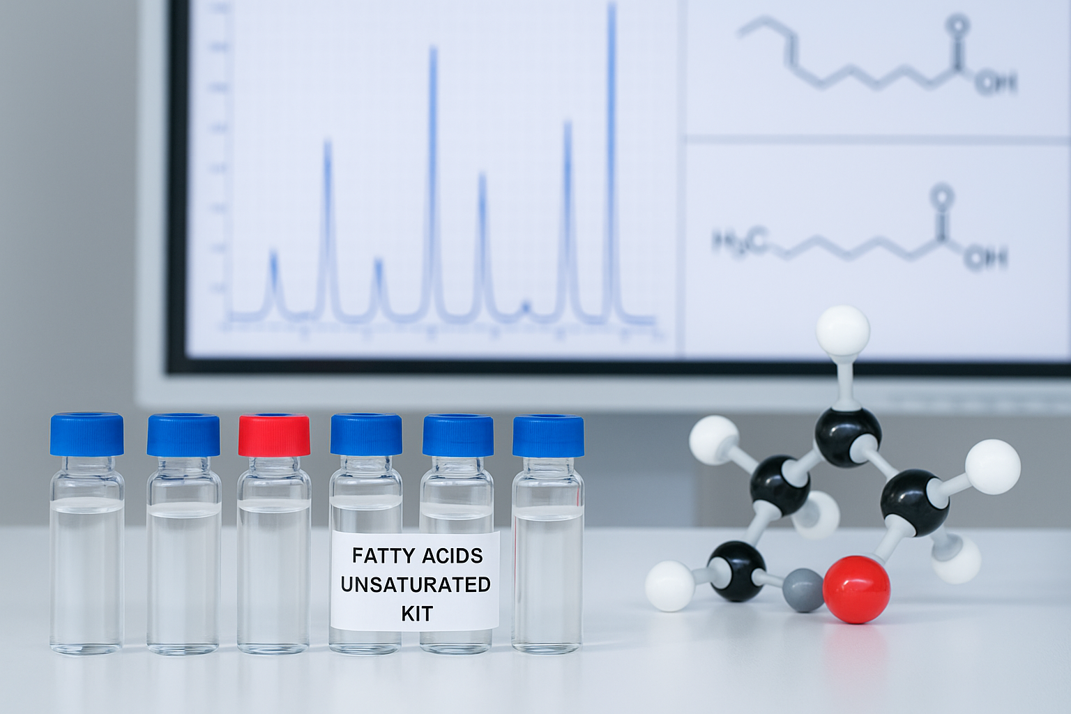 Nov 11, 2025, 03_33_57 PM Laboratory vials labeled “Fatty Acids Unsaturated Kit” beside a molecular model with chromatography graphs in the background.