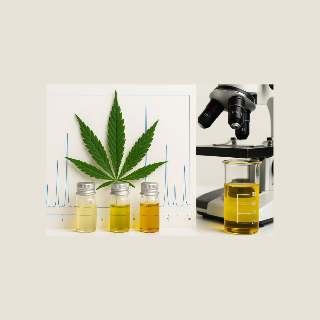 Laboratory setup featuring cannabis leaf, vials of cannabinoid oil, chromatogram chart, and microscope symbolizing cannabis research precision. Cannabis Research Laboratory with Cannabinoids Standards