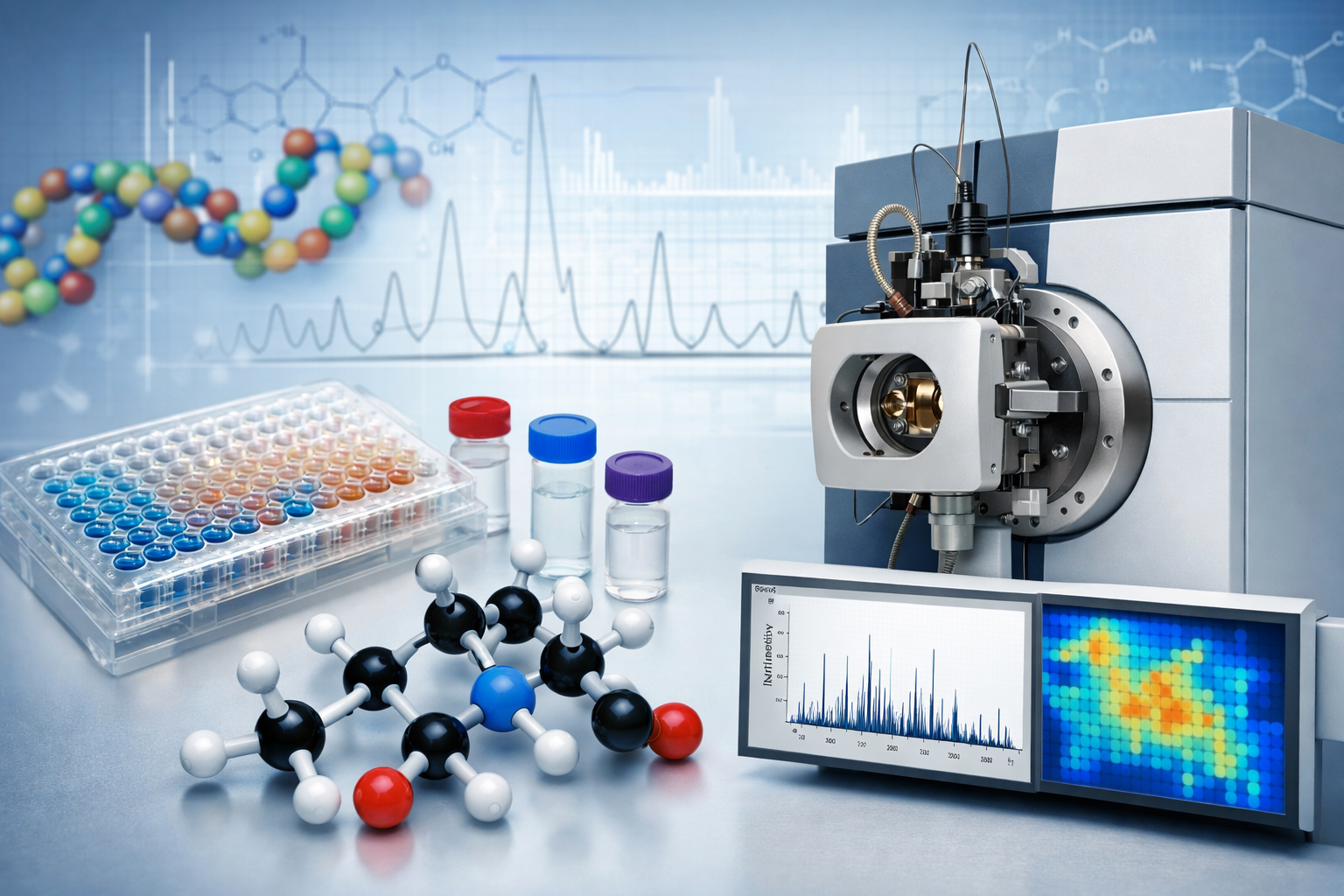 Mass spectrometry workflow showing peptide standards, molecular structures, and analytical data used for proteomics research