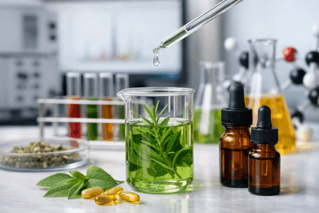 A pipette drips liquid into a beaker with green leaves. Nearby, amber bottles, test tubes, capsules, and laboratory equipment suggest scientific research.