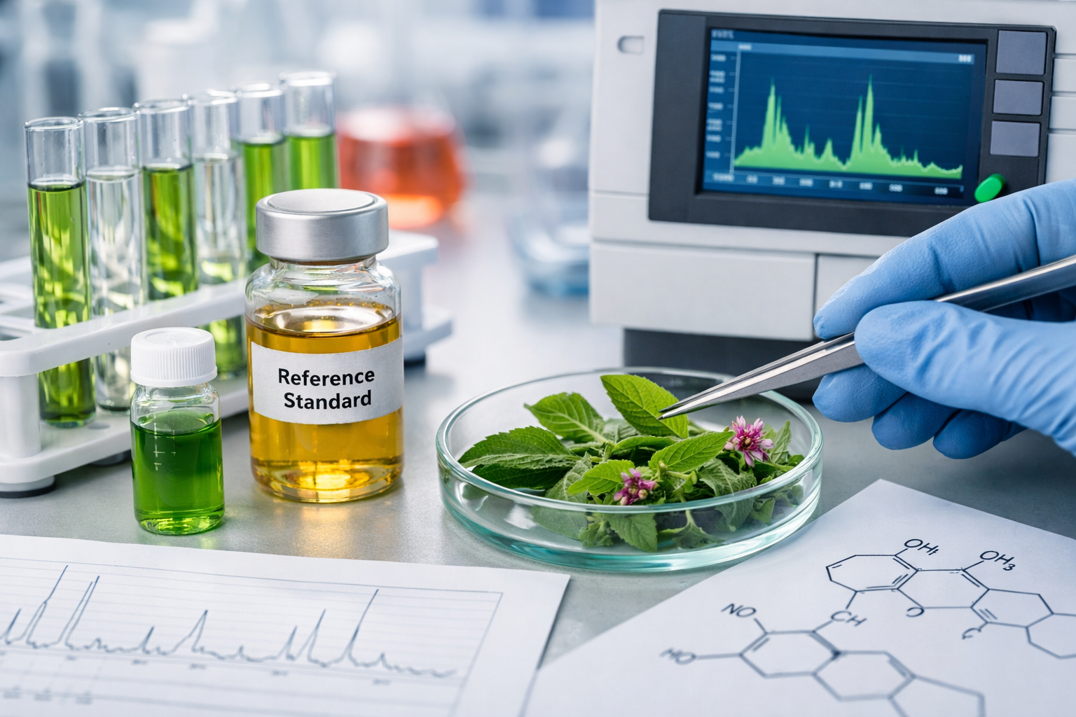 Laboratory analysis of plant extracts using reference standards and chromatography equipment