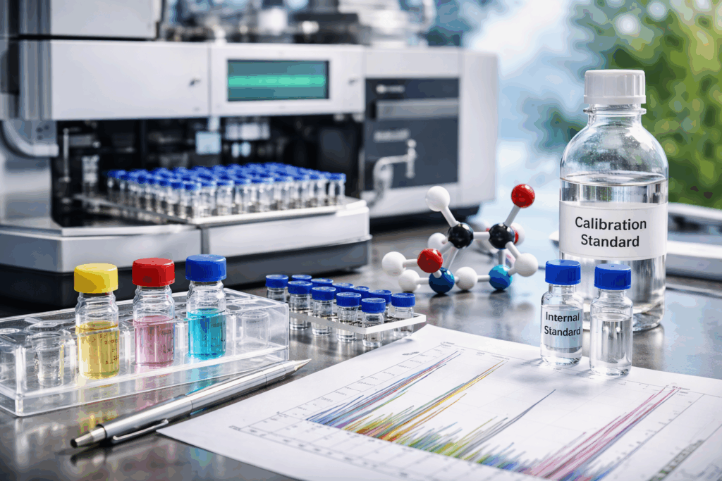 Laboratory setup showing calibration vials, internal standards, chromatogram data, and a mass spectrometer system